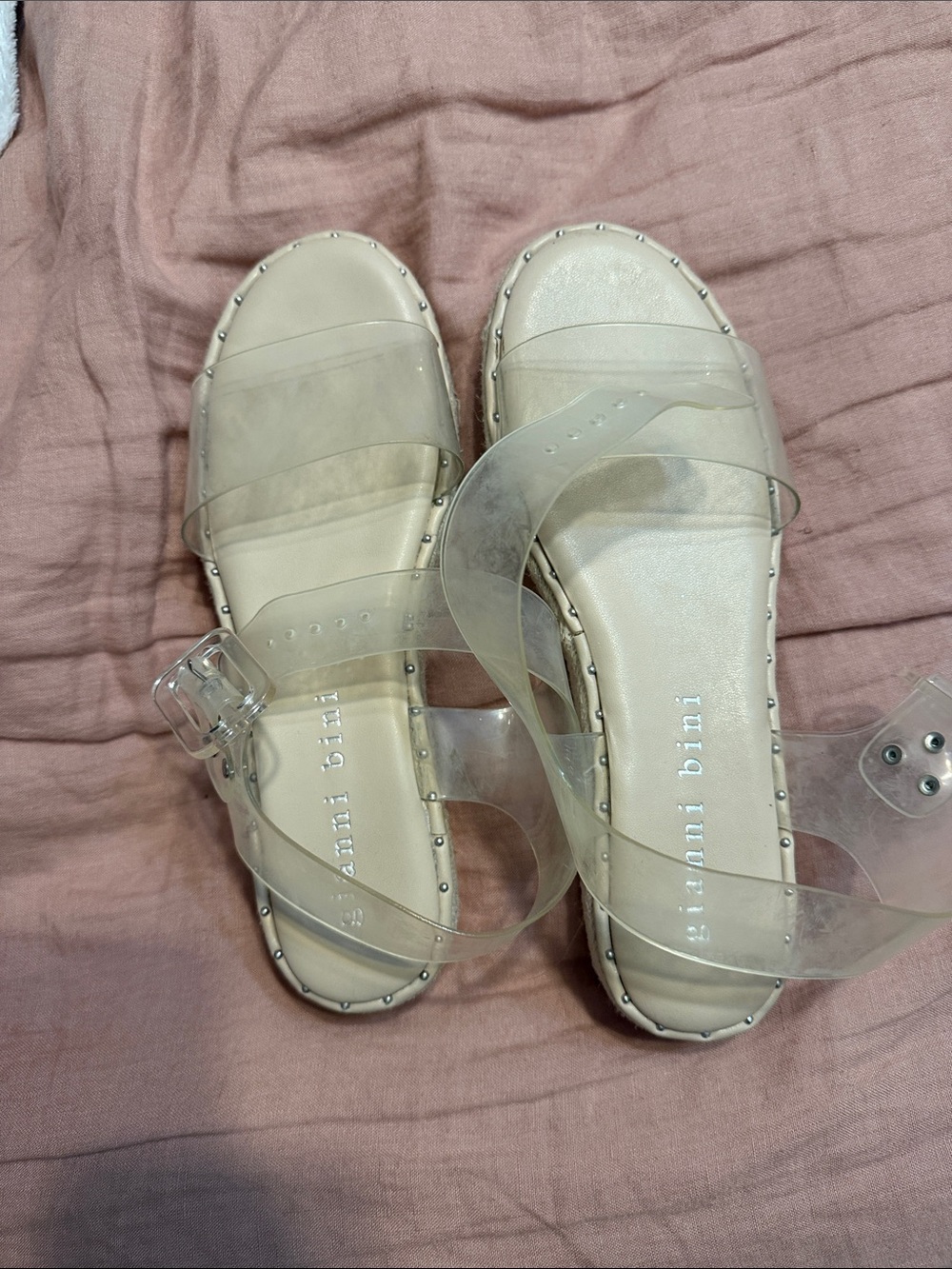 Gianni Bini Clear-Strap Nude Sandals with Stud Trim